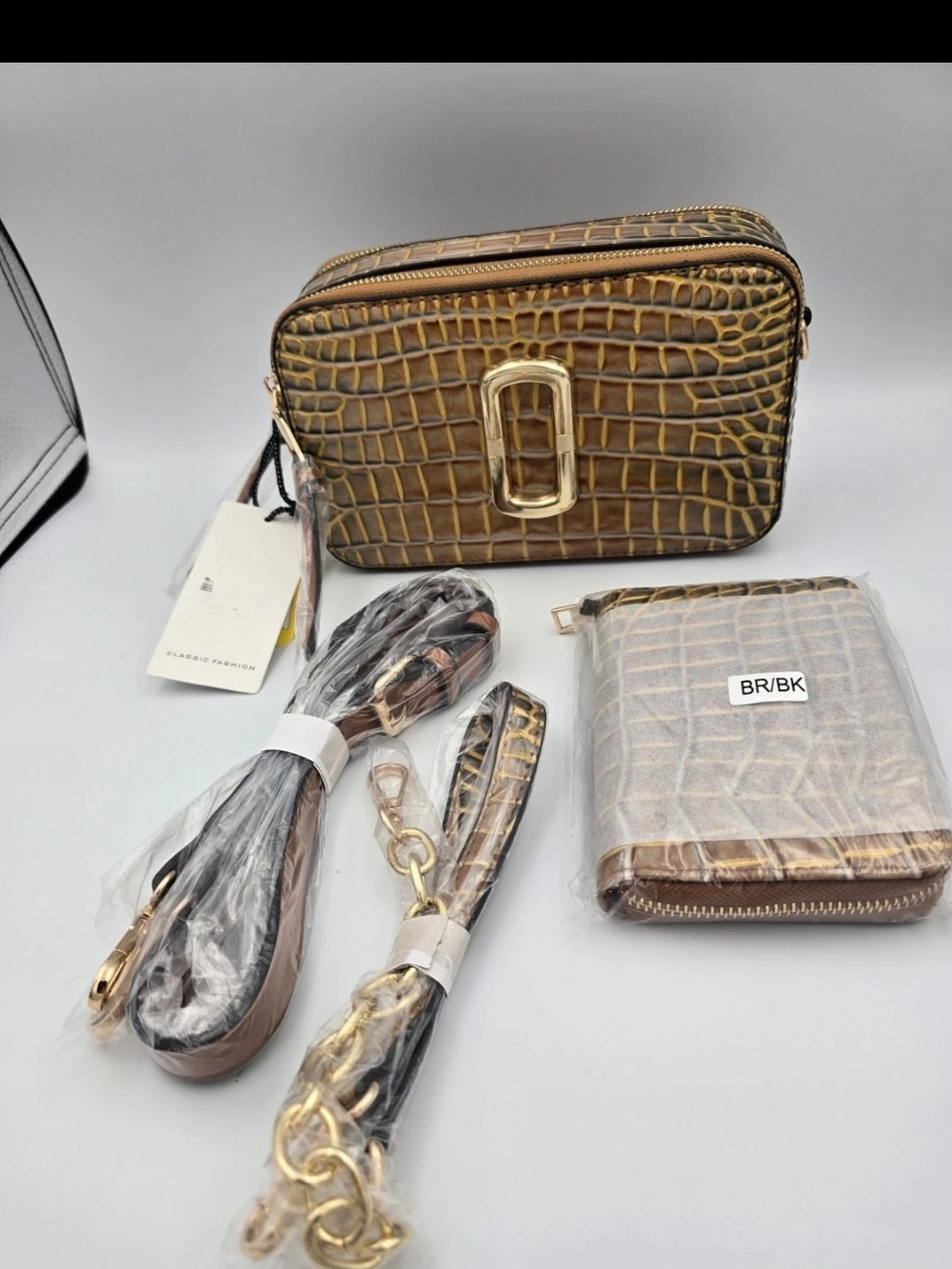 Croc-Embossed Brown Crossbody Bag with Gold Accent